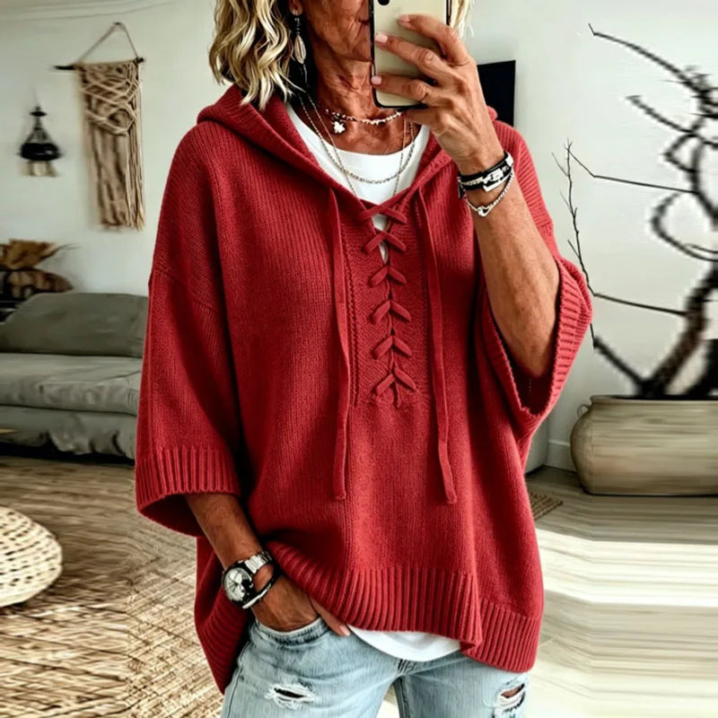 Oversized Hooded Knit Sweater with Lace-Up Front for Women