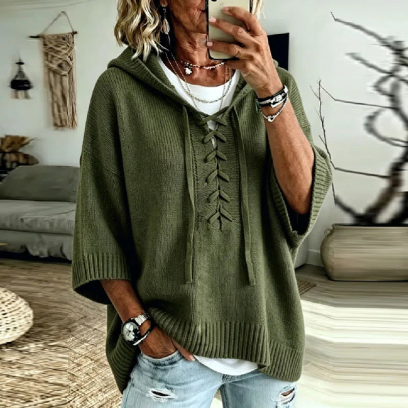 Oversized Hooded Knit Sweater with Lace-Up Front for Women