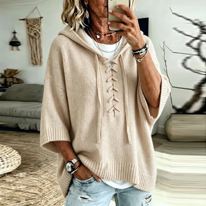Oversized Hooded Knit Sweater with Lace-Up Front for Women