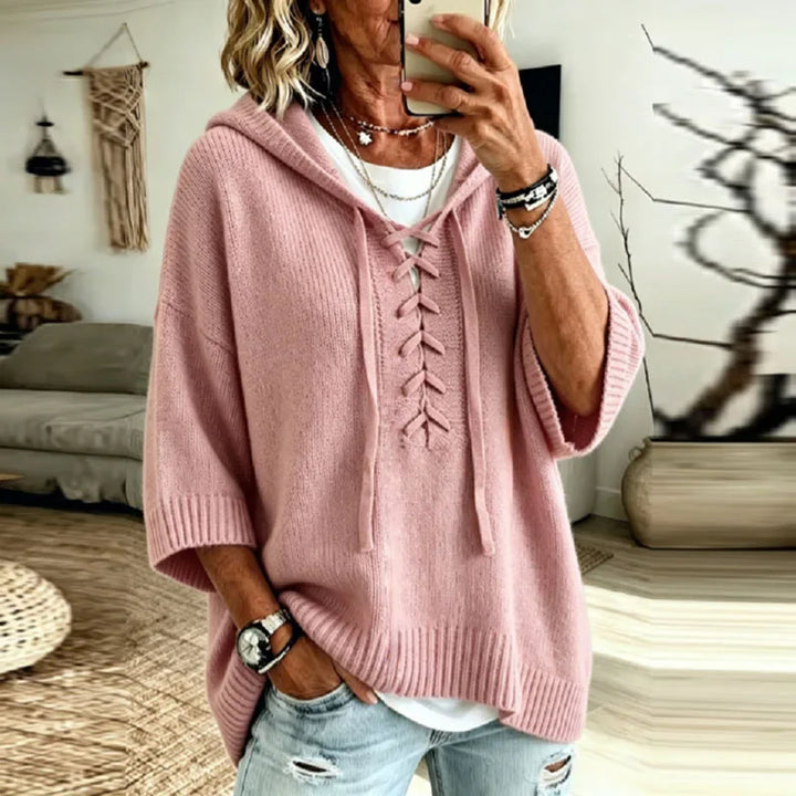 Oversized Hooded Knit Sweater with Lace-Up Front for Women
