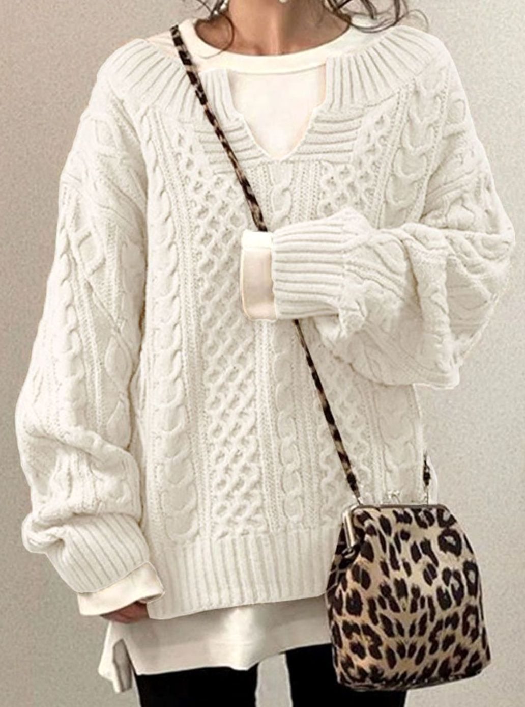 Dropped Shoulder Cable Knit Sweater with V Neck for Women
