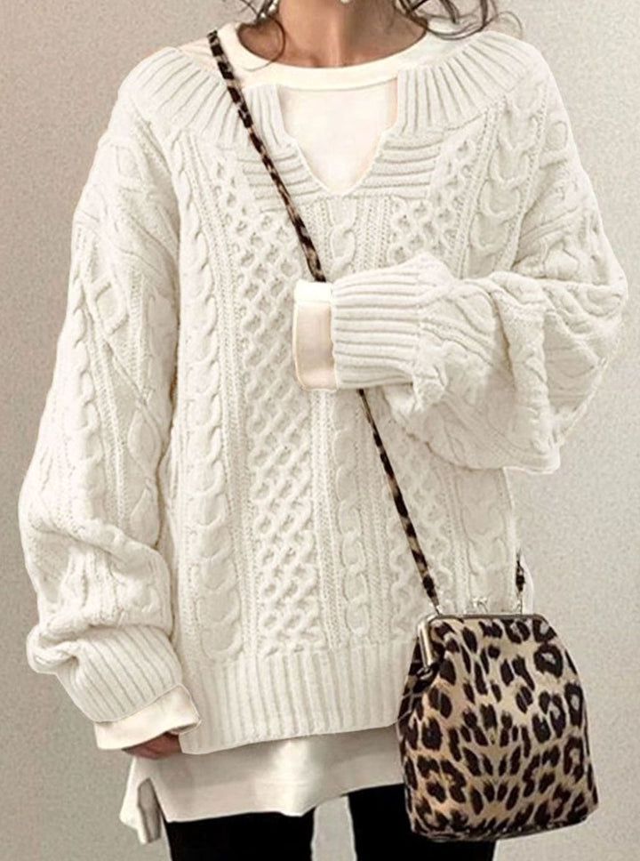 Dropped Shoulder Cable Knit Sweater with V Neck for Women