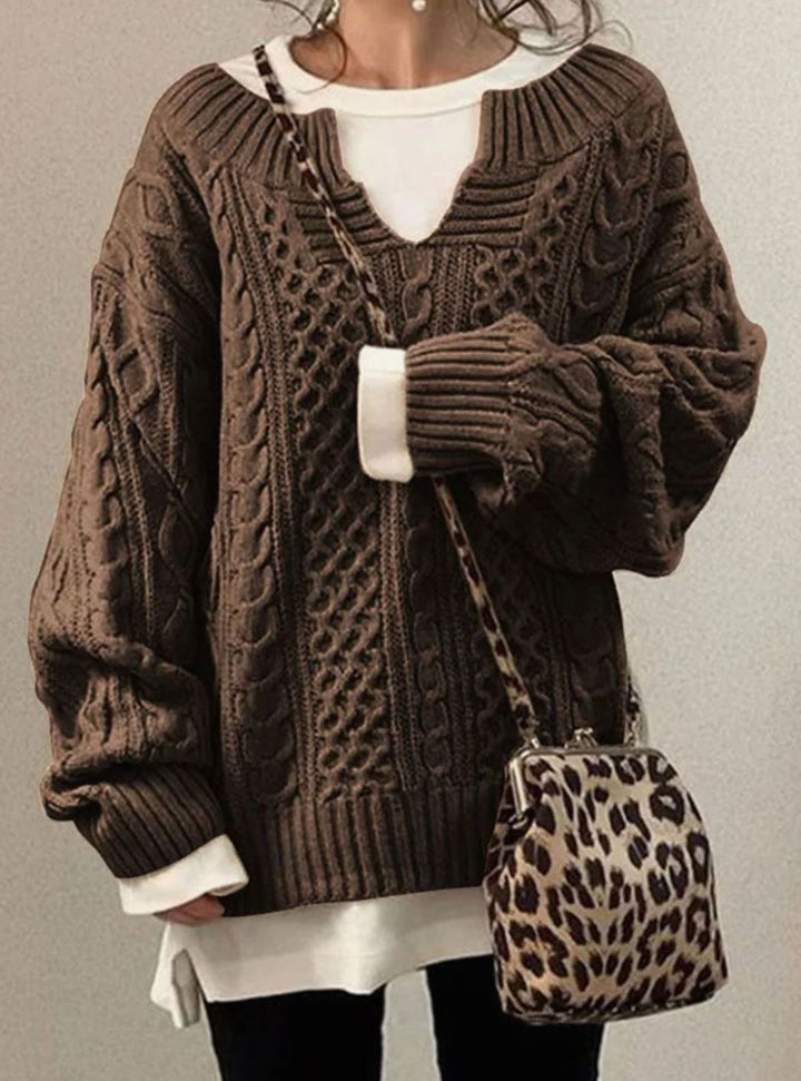 Dropped Shoulder Cable Knit Sweater with V Neck for Women