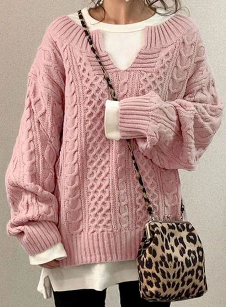 Dropped Shoulder Cable Knit Sweater with V Neck for Women