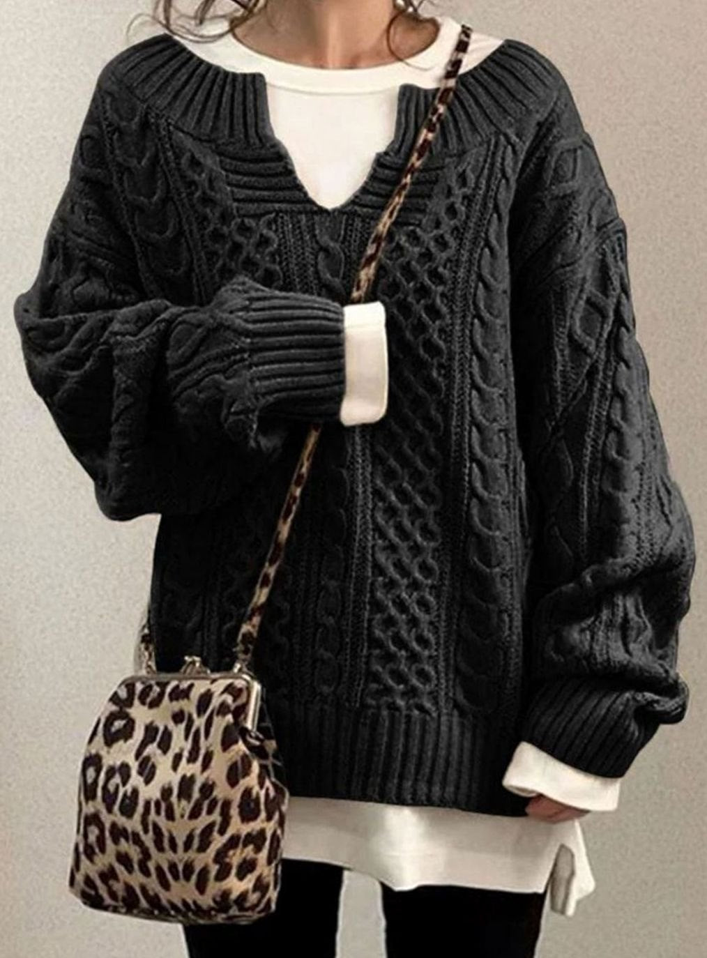 Dropped Shoulder Cable Knit Sweater with V Neck for Women