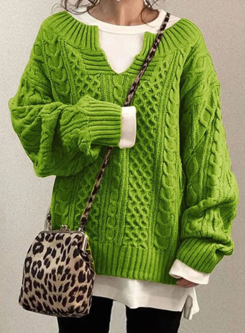 Dropped Shoulder Cable Knit Sweater with V Neck for Women