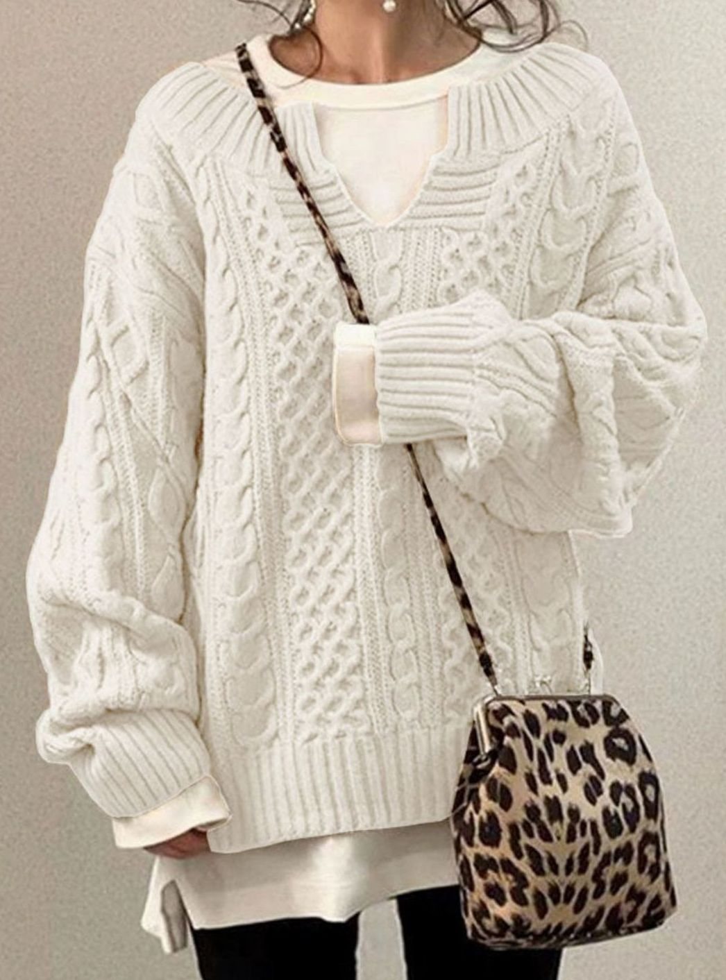 Dropped Shoulder Cable Knit Sweater with V Neck for Women