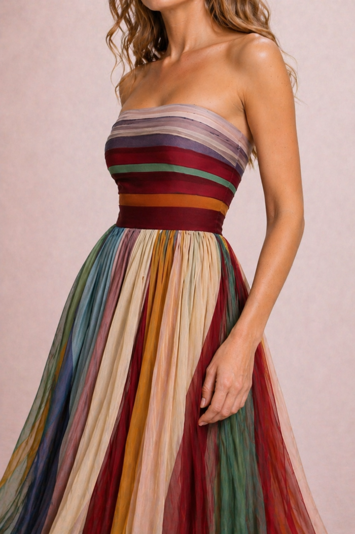 Multicolored strapless dress with a plain background
