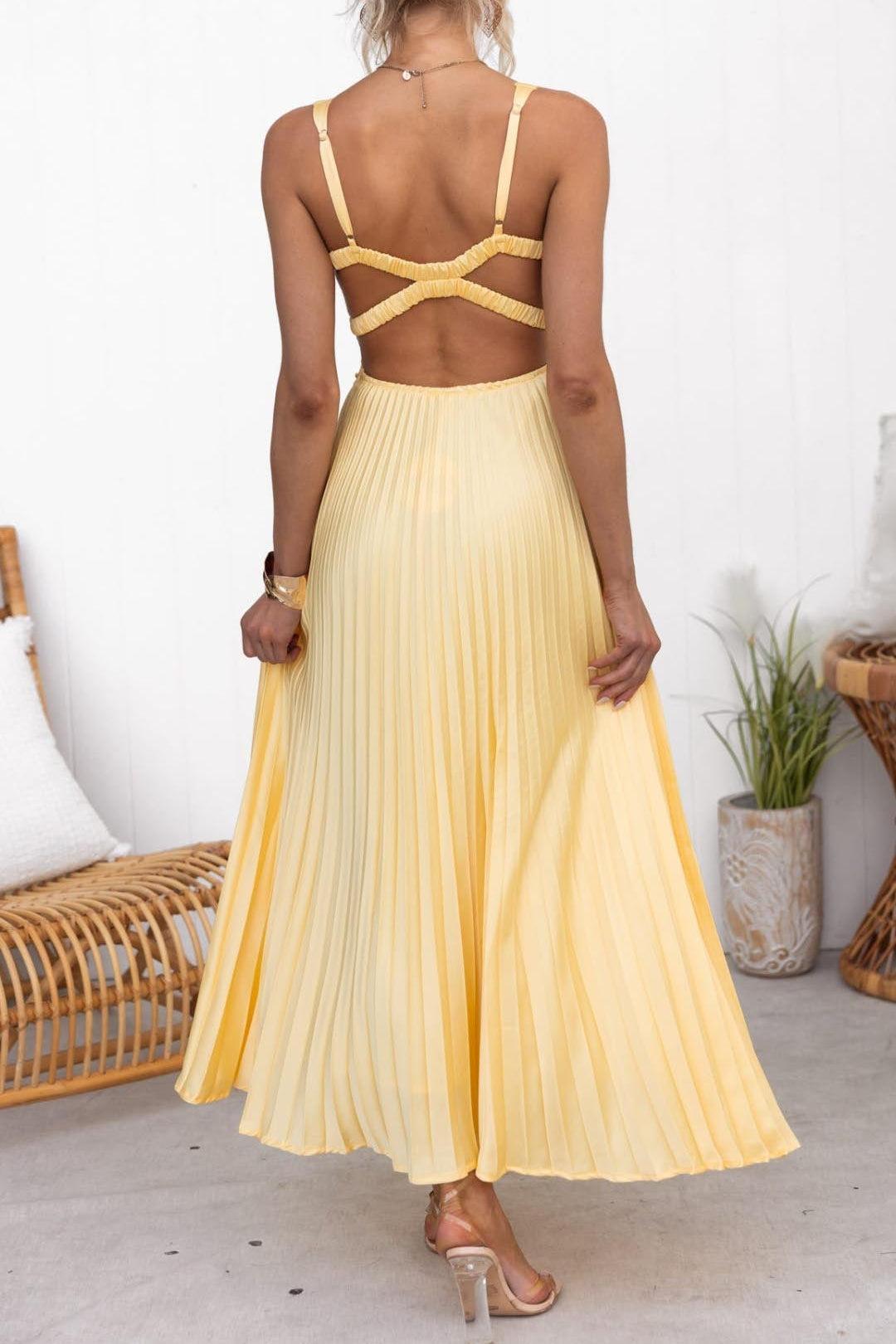 Pleated V-Neck Maxi Dress Yellow