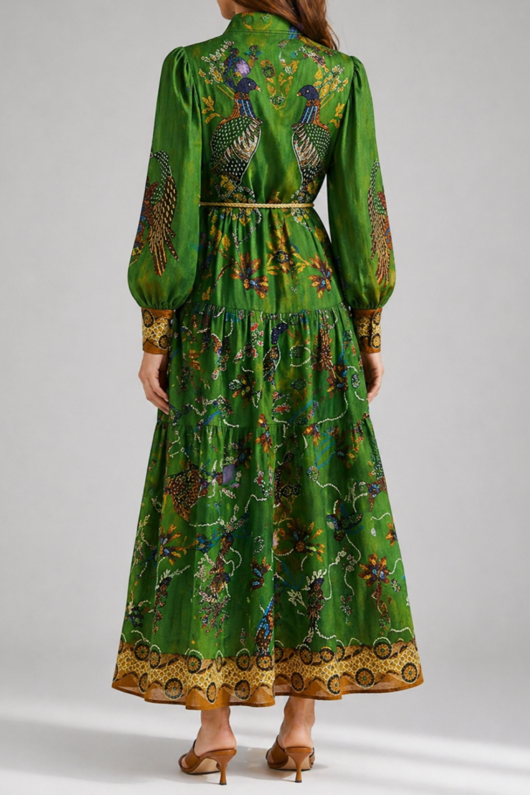 Printed Long Sleeve Maxi Dress with Tie Waist