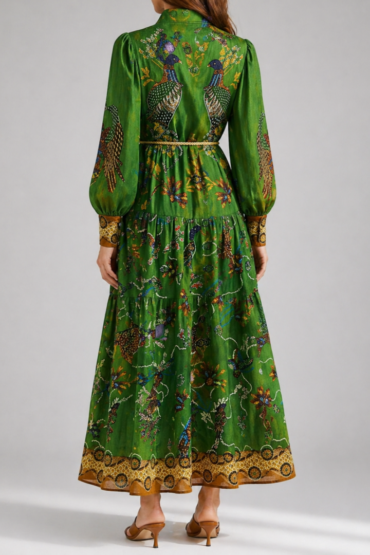 Printed Long Sleeve Maxi Dress with Tie Waist