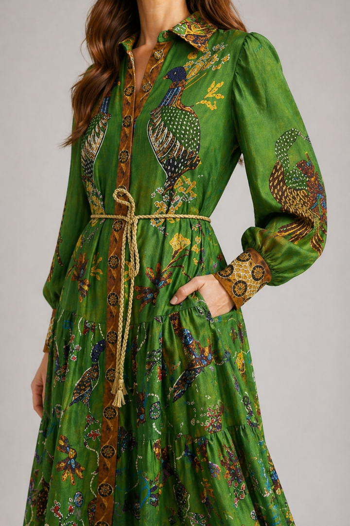 Printed Long Sleeve Maxi Dress with Tie Waist
