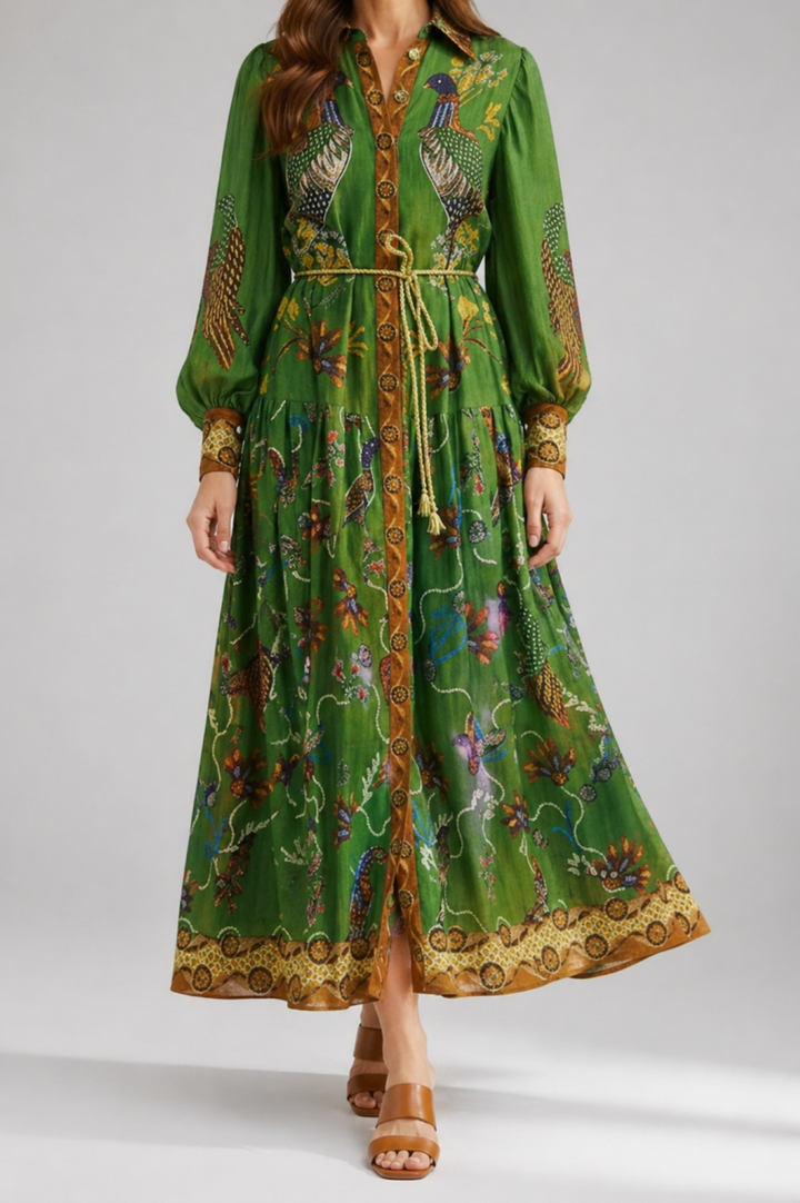 Printed Long Sleeve Maxi Dress with Tie Waist