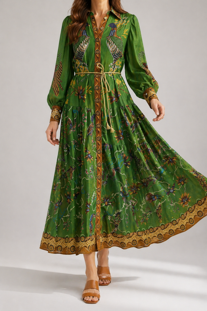 Printed Long Sleeve Maxi Dress with Tie Waist