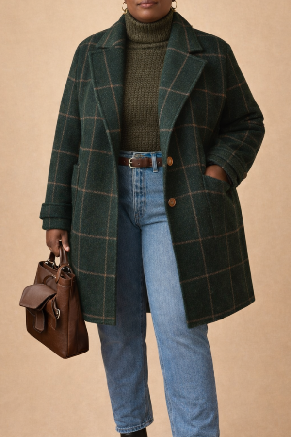 Elegant Checkered Long Coat Green for Women