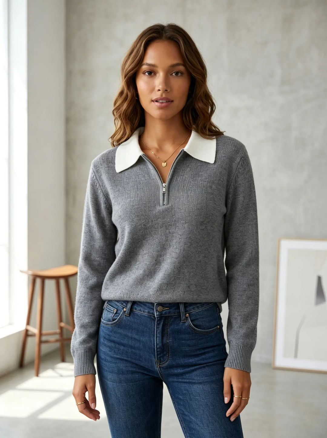 Quarter Zip Knit Sweater with Contrast Collar for Women