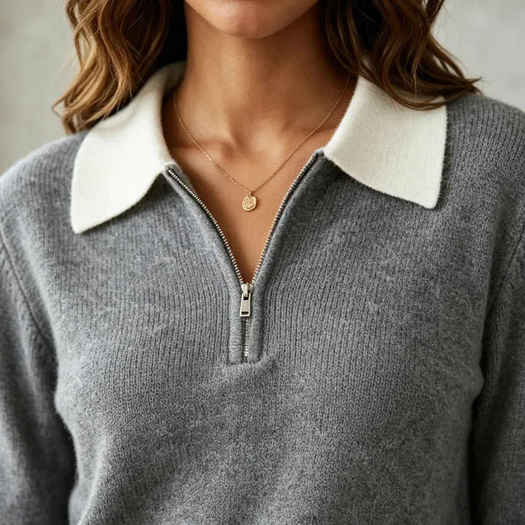 Quarter Zip Knit Sweater with Contrast Collar for Women