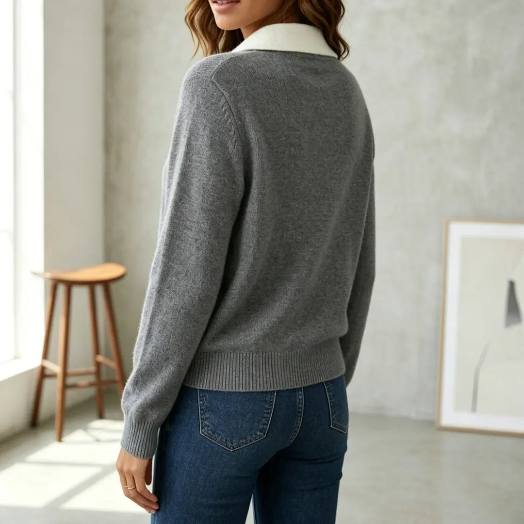 Quarter Zip Knit Sweater with Contrast Collar for Women