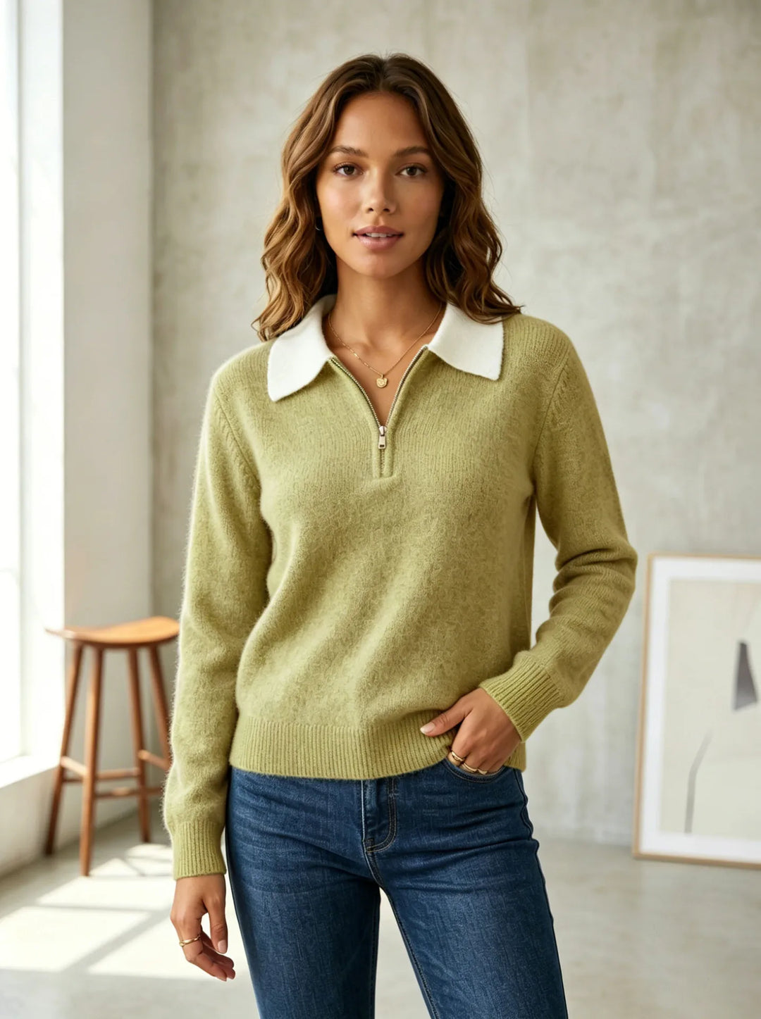 Quarter Zip Knit Sweater with Contrast Collar for Women