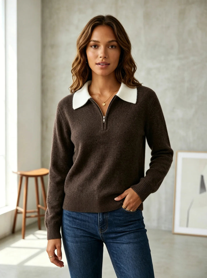 Quarter Zip Knit Sweater with Contrast Collar for Women