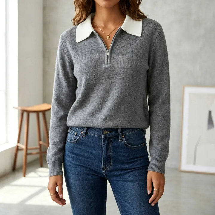 Quarter Zip Knit Sweater with Contrast Collar for Women