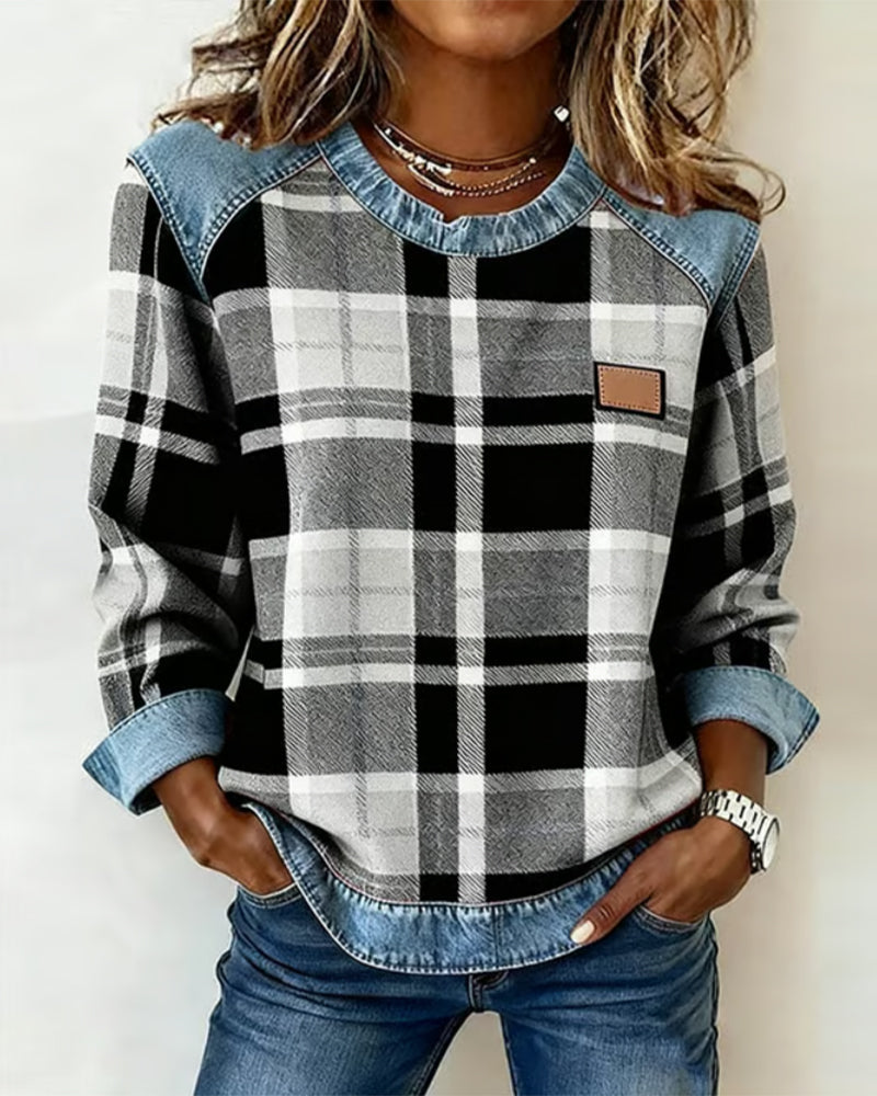 Casual Check Print Long Sleeve Top with Denim Trim for Women