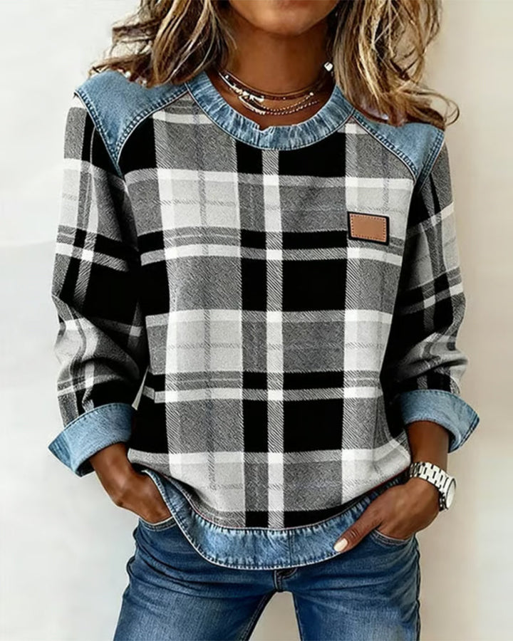Casual Check Print Long Sleeve Top with Denim Trim for Women