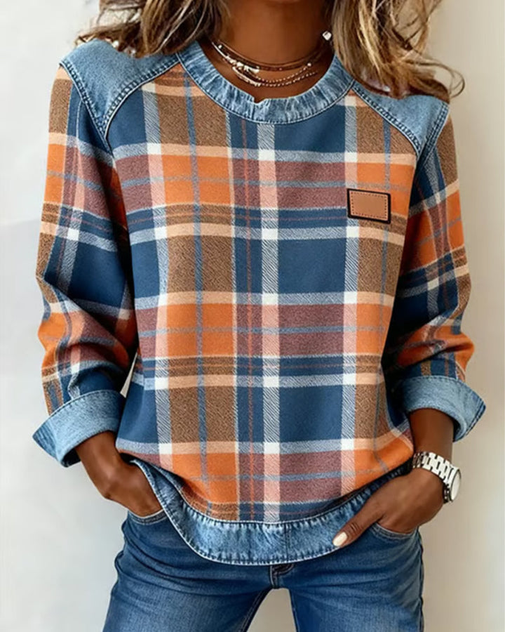 Casual Check Print Long Sleeve Top with Denim Trim for Women