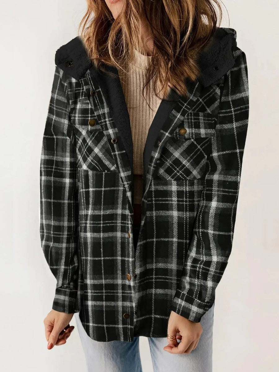 Relaxed Fit Check Flannel Shacket with Sherpa Lined Hood for Women