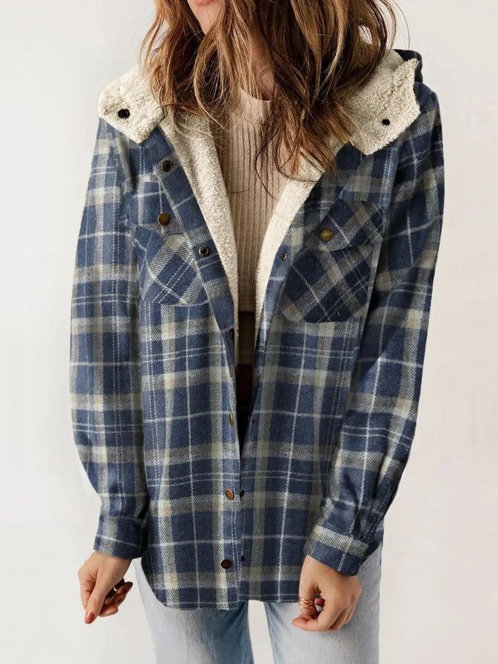 Relaxed Fit Check Flannel Shacket with Sherpa Lined Hood for Women