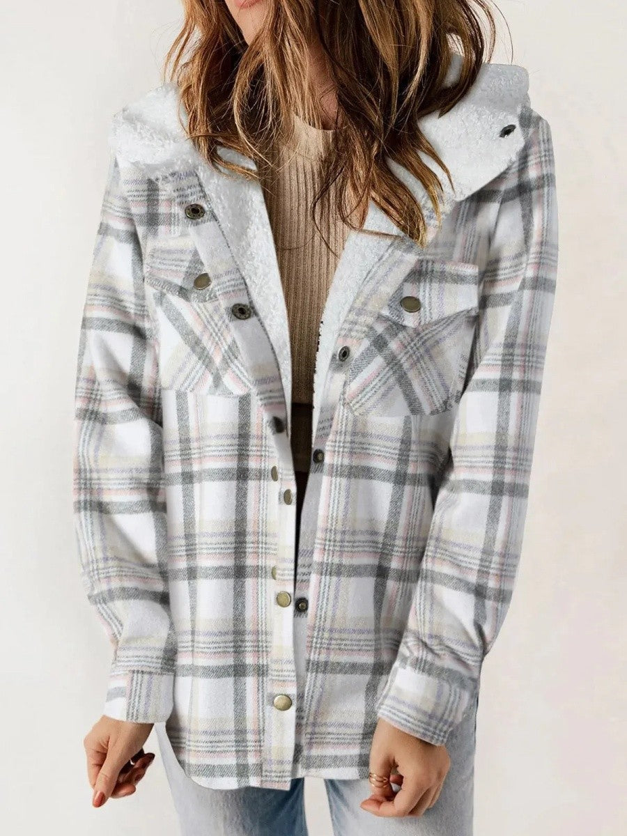 Relaxed Fit Check Flannel Shacket with Sherpa Lined Hood for Women