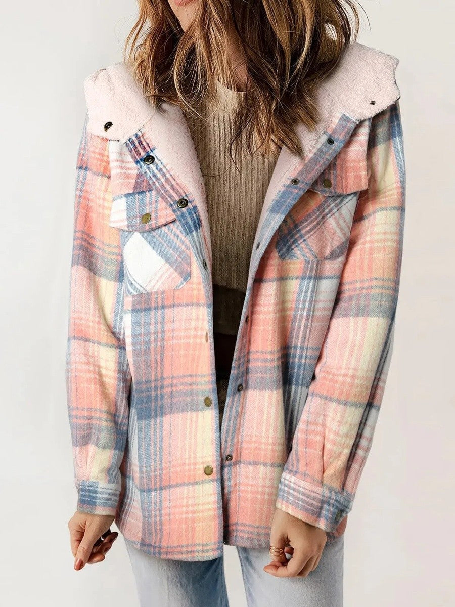 Relaxed Fit Check Flannel Shacket with Sherpa Lined Hood for Women