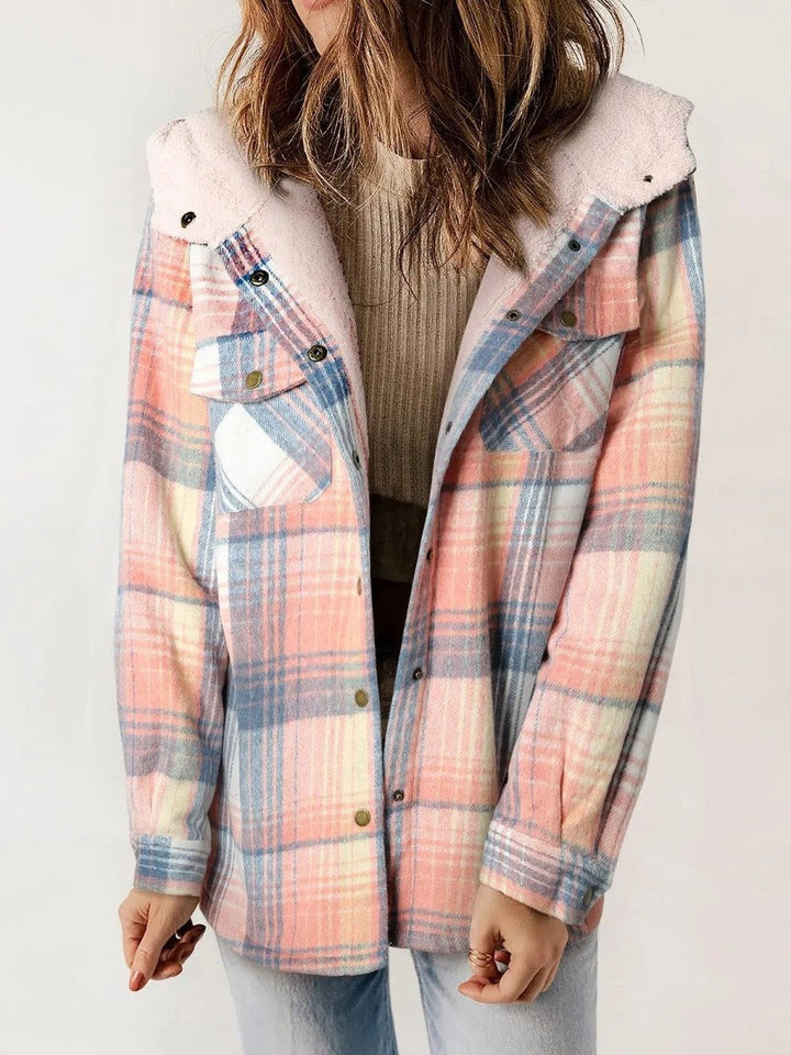 Relaxed Fit Check Flannel Shacket with Sherpa Lined Hood for Women