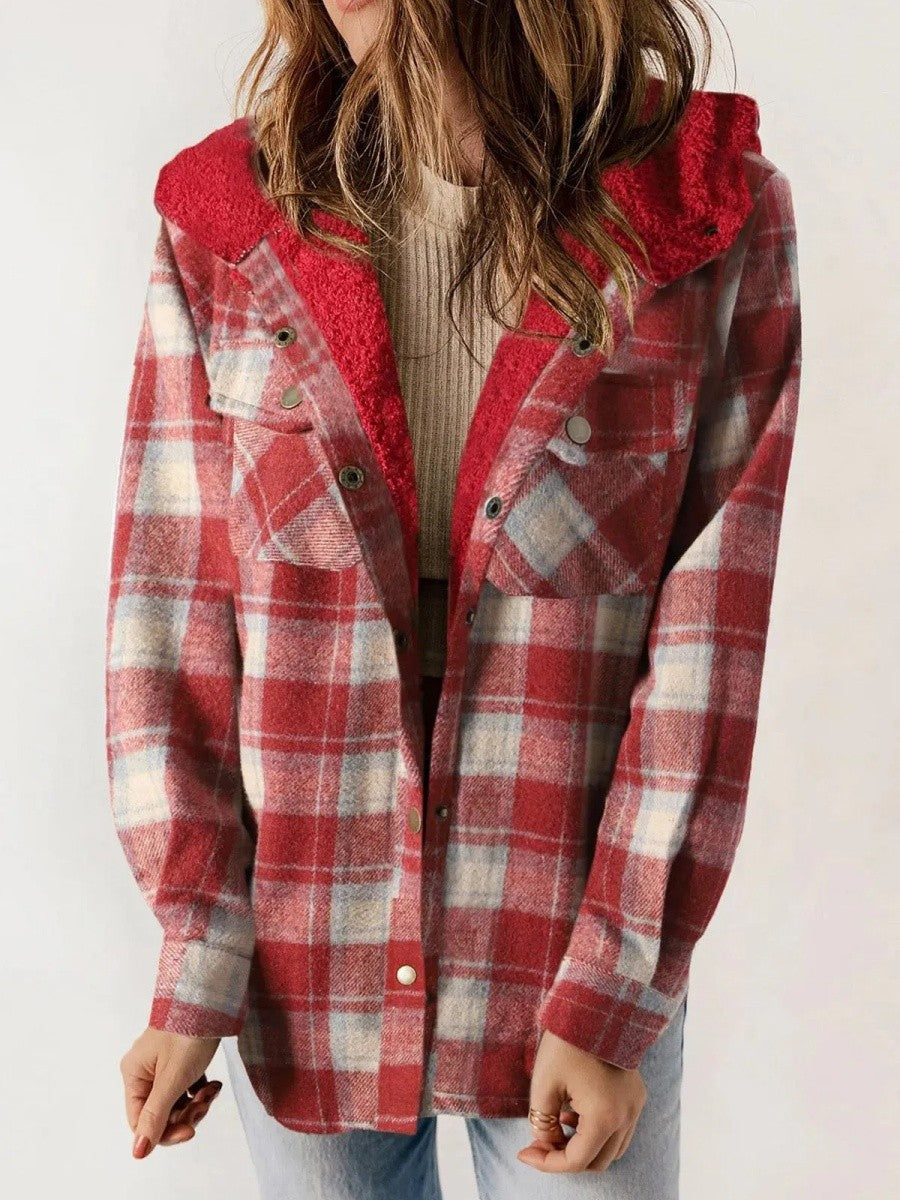 Relaxed Fit Check Flannel Shacket with Sherpa Lined Hood for Women
