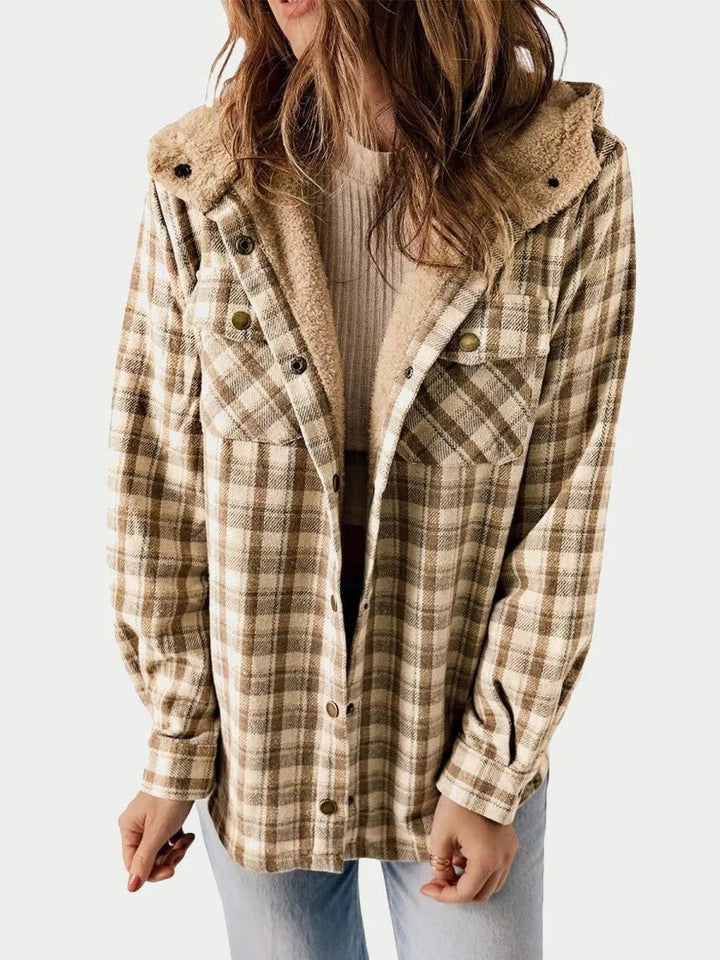 Relaxed Fit Check Flannel Shacket with Sherpa Lined Hood for Women
