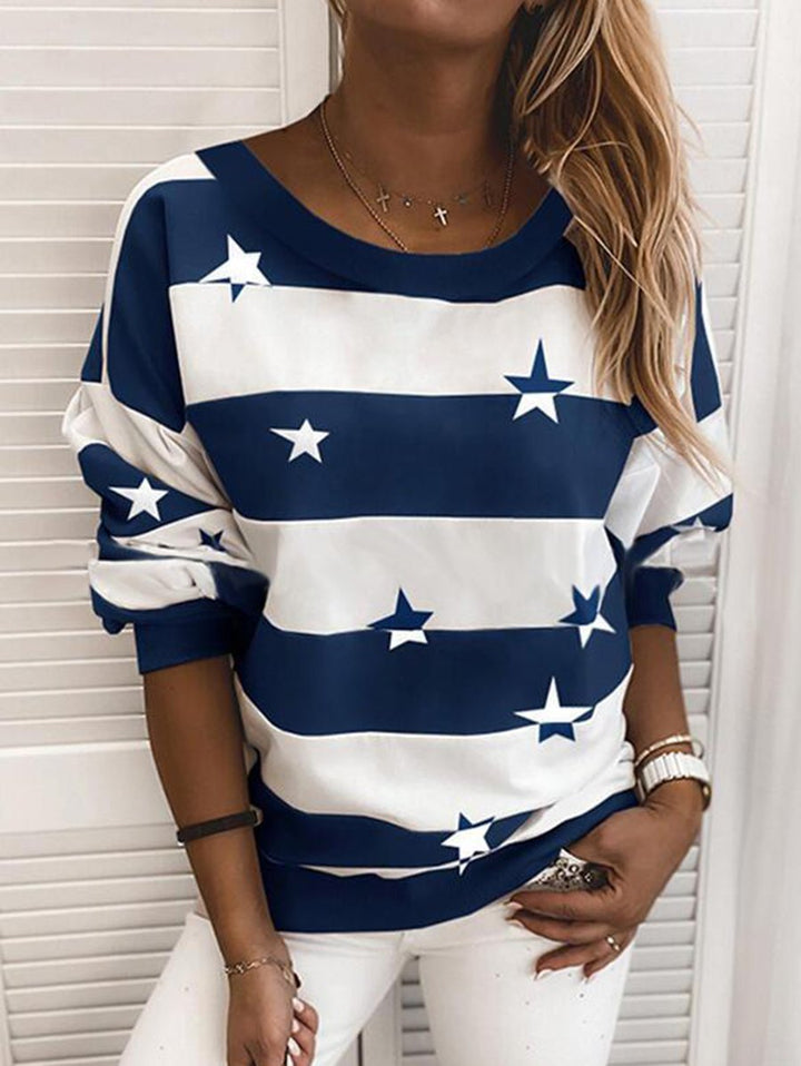 Relaxed Fit Striped Sweatshirt with Star Print for Women