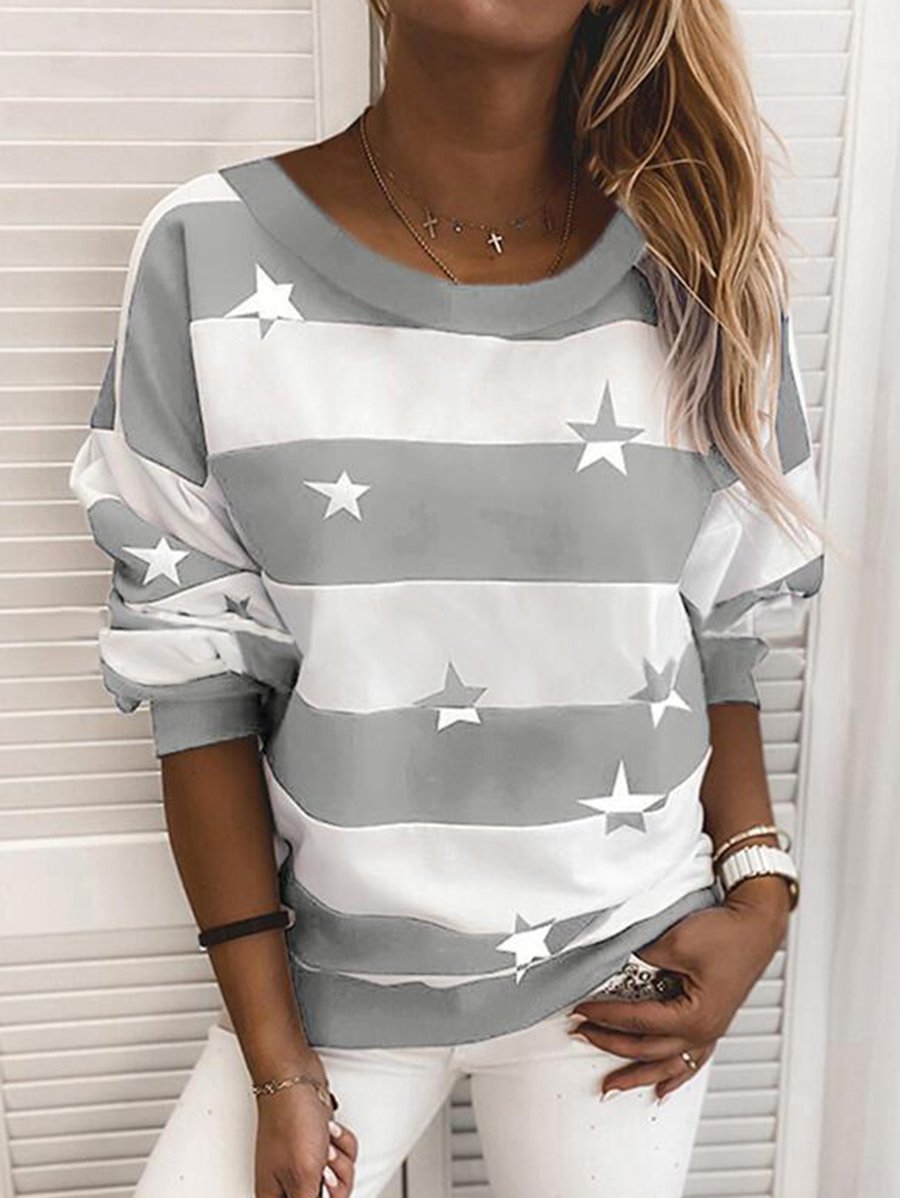 Relaxed Fit Striped Sweatshirt with Star Print for Women