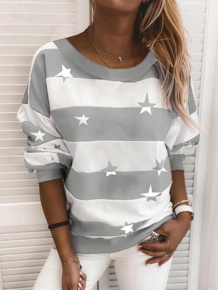 Relaxed Fit Striped Sweatshirt with Star Print for Women