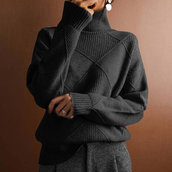 Relaxed Turtleneck Knit Sweater with Diamond Texture for Women