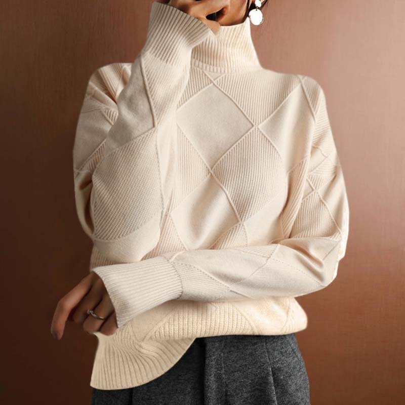 Relaxed Turtleneck Knit Sweater with Diamond Texture for Women