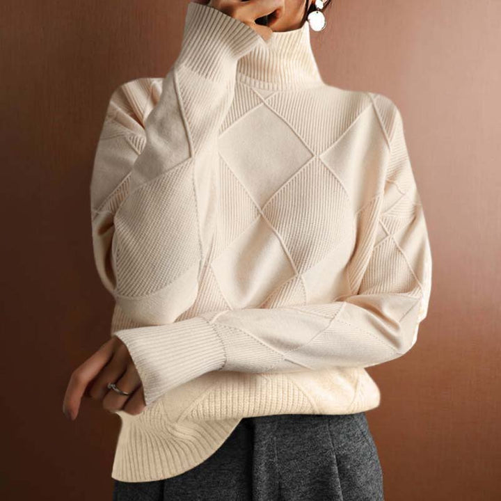 Relaxed Turtleneck Knit Sweater with Diamond Texture for Women