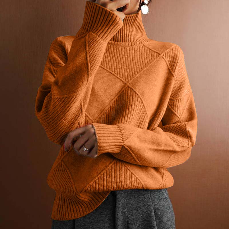 Relaxed Turtleneck Knit Sweater with Diamond Texture for Women
