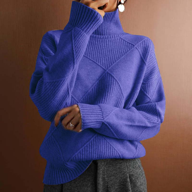 Relaxed Turtleneck Knit Sweater with Diamond Texture for Women