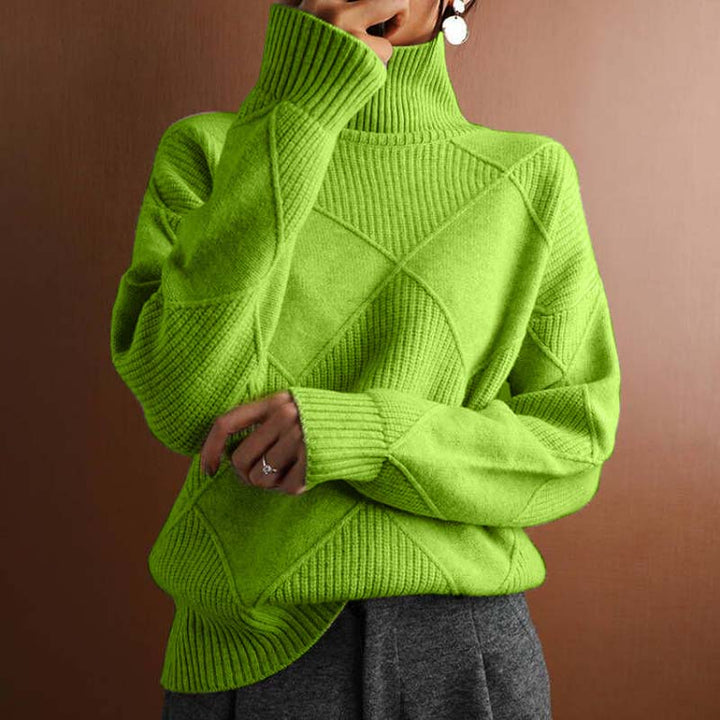 Relaxed Turtleneck Knit Sweater with Diamond Texture for Women