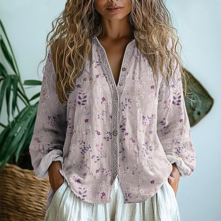 Relaxed Blouse with Nature Print and Short Sleeves