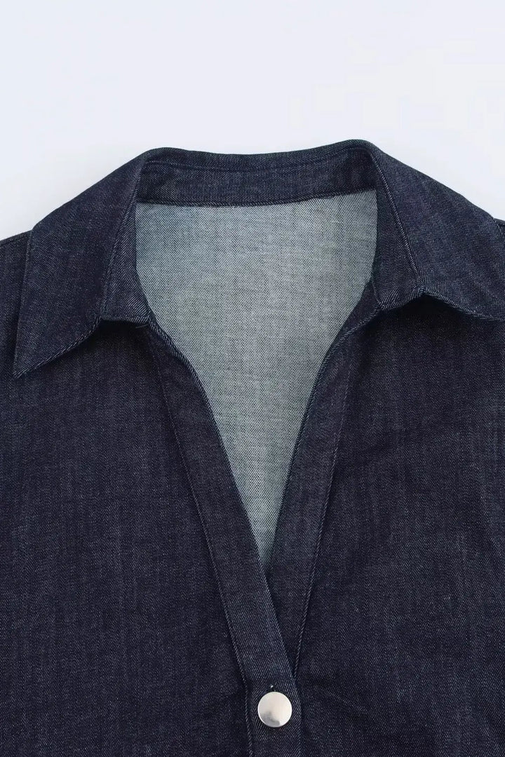 Denim Midi Dress with Lapel and Side Zipper Slim Fit Spring
