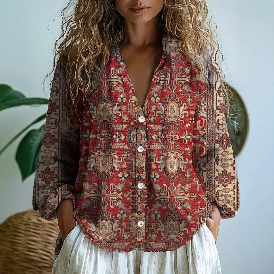 Relaxed Blouse with Nature Print and Short Sleeves