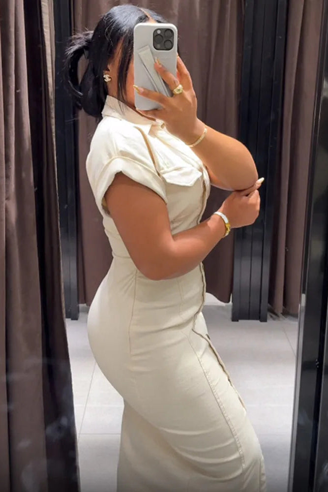 White Denim Maxi Dress Short Sleeve Button Front Summer
