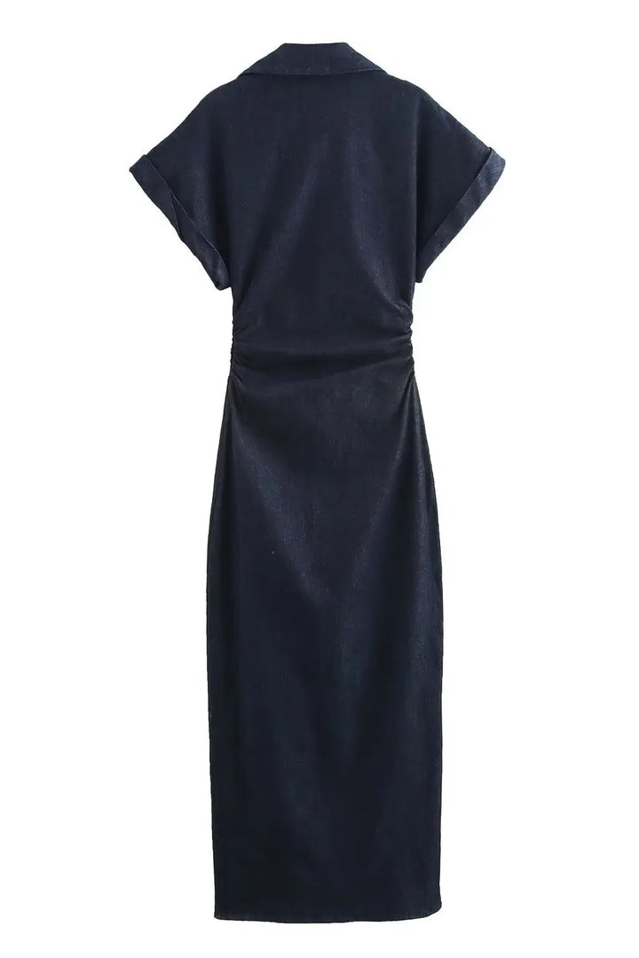 Denim Midi Dress with Lapel and Side Zipper Slim Fit Spring