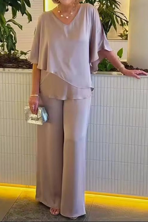 Two Piece Set with Tailored Top and Wide Leg Trousers